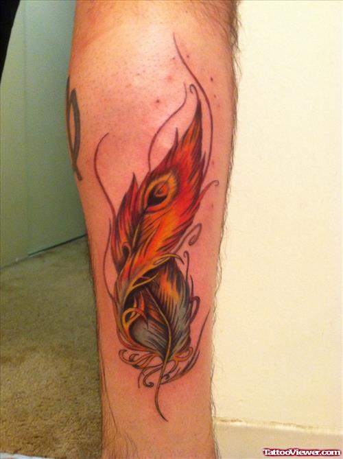 Colored Feather Tattoo On Leg