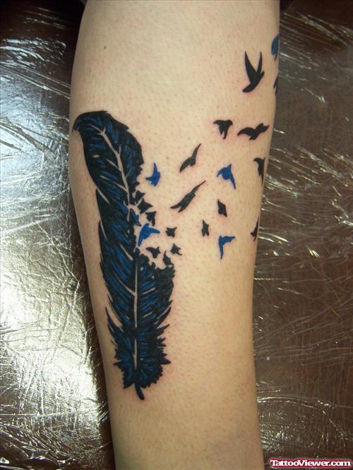 Leg Feather And Birds Tattoo