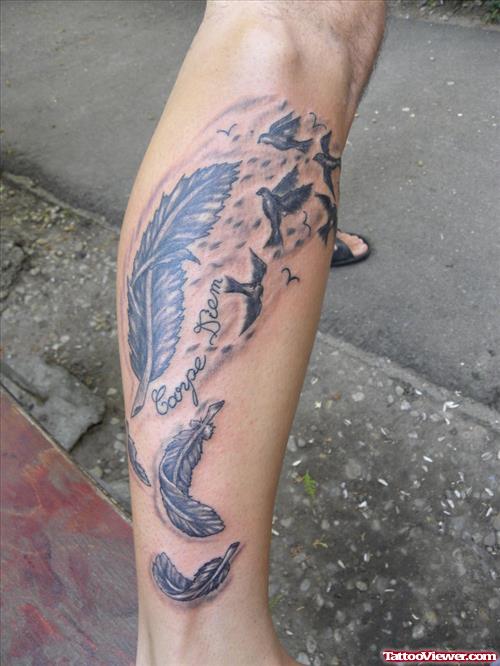 Grey Ink Feather And Flying Birds Tattoo On Leg