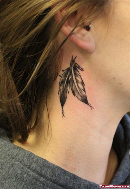 Girl Side Neck Feather Tattoo