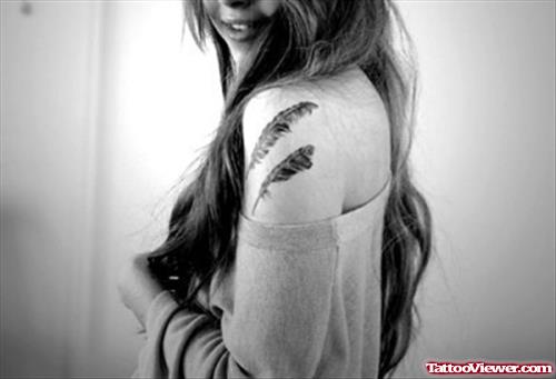 Girl Left Shoulder Feather Tattoo