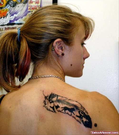 Girl Back Body Feather Tattoo