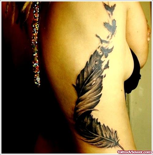 Side rib Feather Tattoo For Women