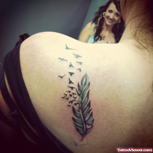 Birds Flying and Feather Tattoo On Left Back Shoulder