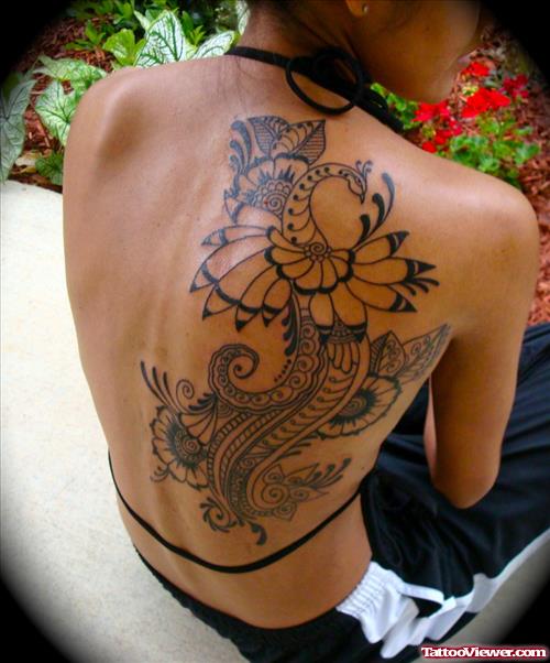 Henna Peacock Feather Tattoo On Girl BAck