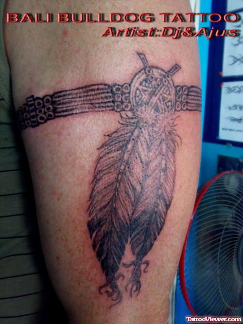Grey Ink Armband Feather Tattoo