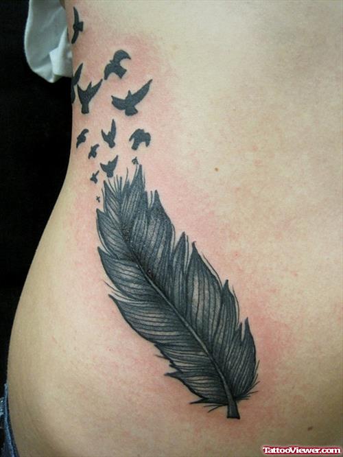 Flying Birds Feather Tattoo On Hip