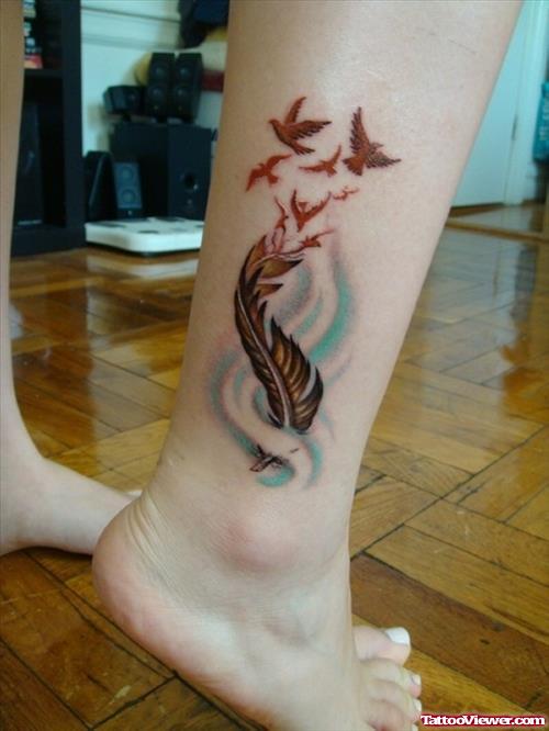 Flying Birds and Feather Tattoo On Right Ankle