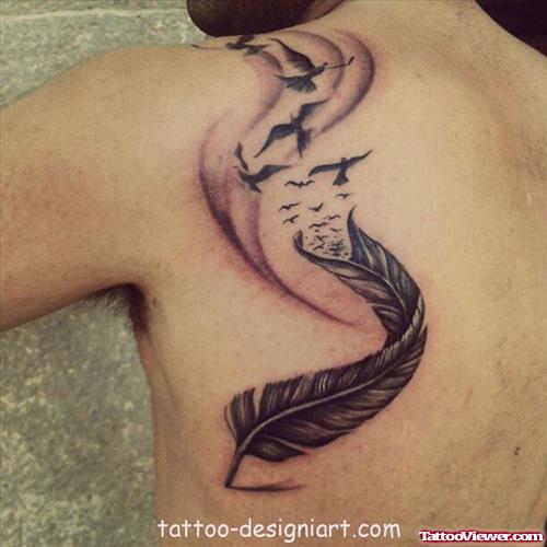 Feather And Flying Birds Back Body Tattoo