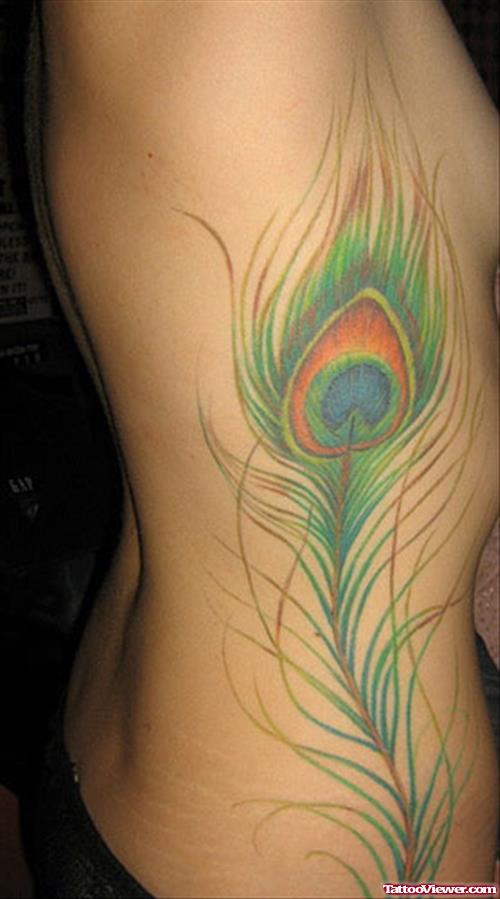 Crazy Colored Peacock Feather Tattoo On Side