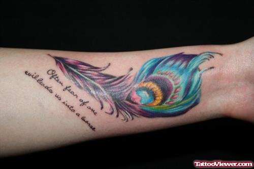 Colorful Peacock Feather Tattoo On Forearm