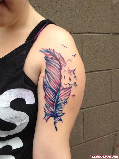 Colored Feather Tattoo On Left Half Sleeve