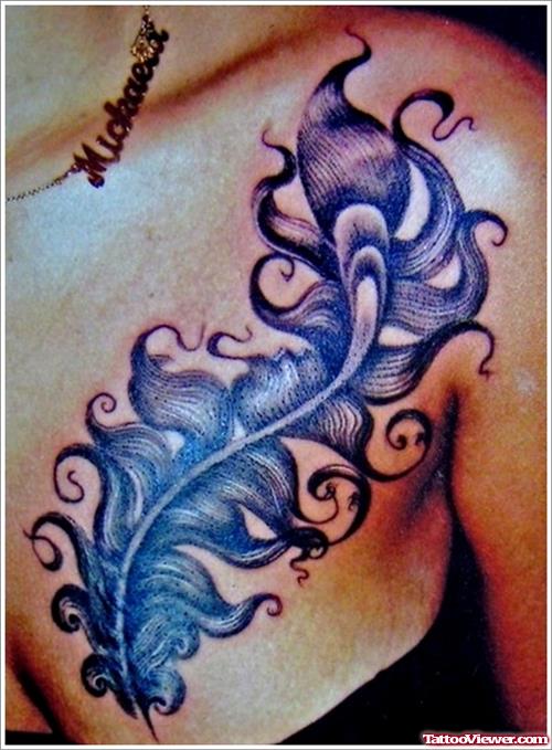 Beautiful Feather Tattoo On Girl Collarbone