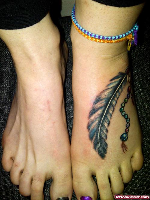Feather Tattoo On Girl Left Foot