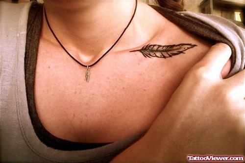Feather Tattoo On Left Collarbone