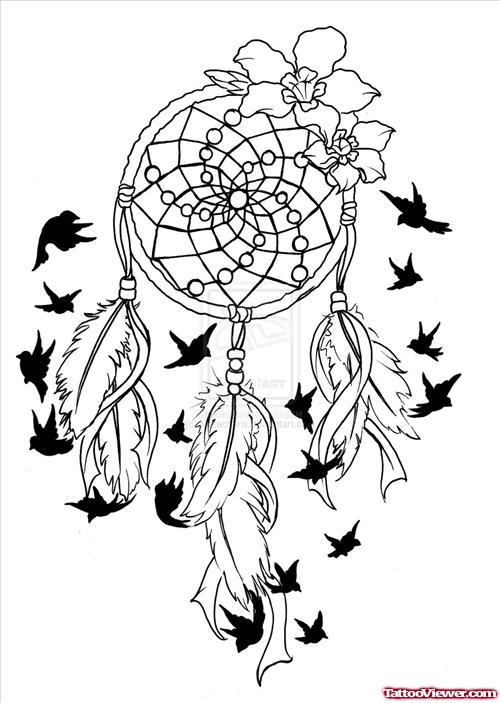Dream Catcher and Flying Birds Feathers Tattoo Design