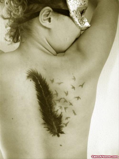 Awesome Back Shoulder Feather Tattoo For Girls