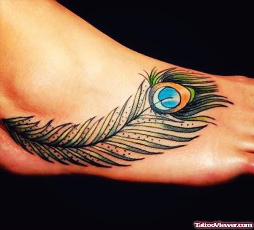 Color Peacock Feather Tattoo On Right Foot