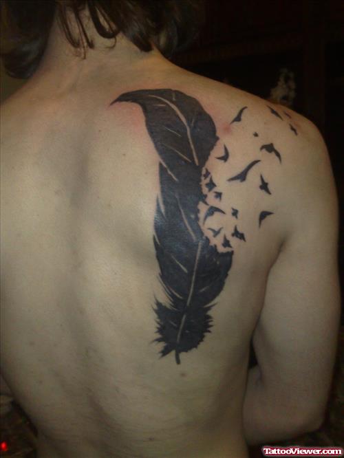 Birds And Feather Back SHoulder Tattoo