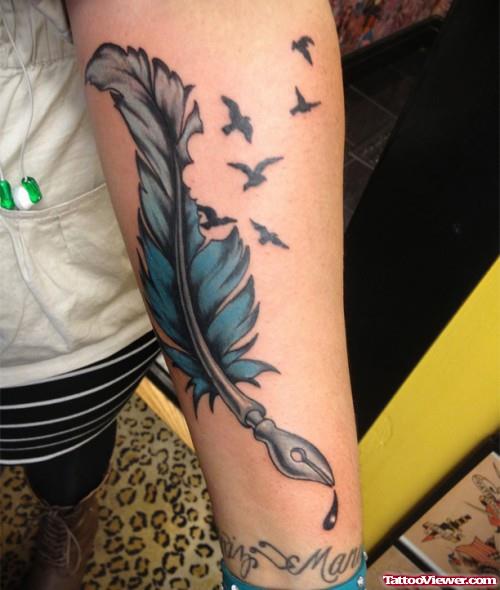 Blue Feather And Flying Birds Tattoo