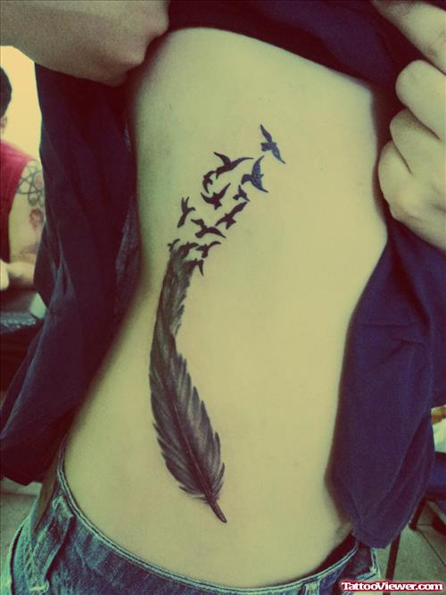 Birds Flying And Feather Tattoo On Side