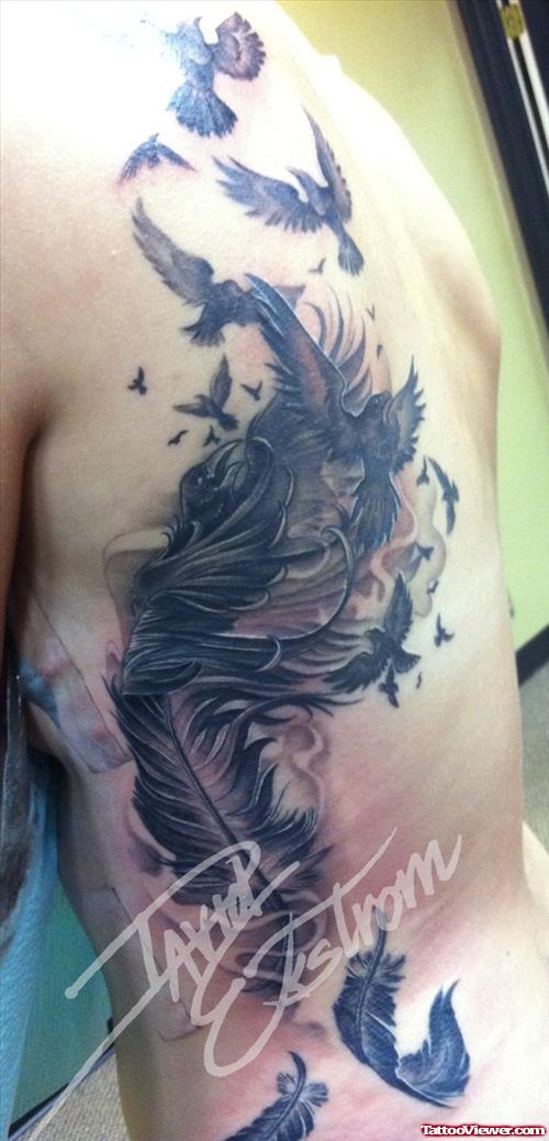 Birds And Large Feather Tattoo On Side Rib