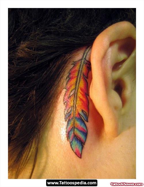 Behind The Ear Colorful Feather Tattoo