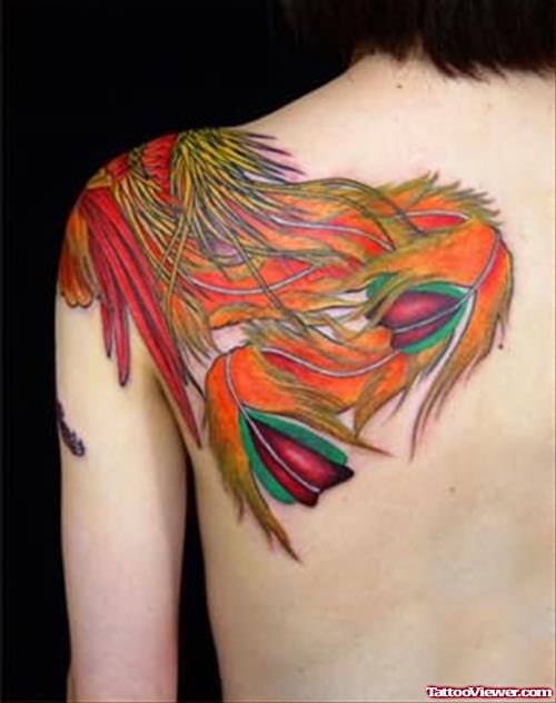 Colourful New Feather Tattoo On Back