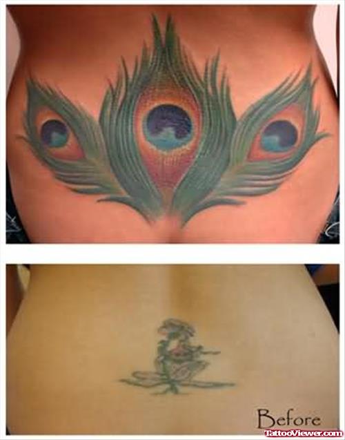 Peacock Feather Tattoos On Lower Back