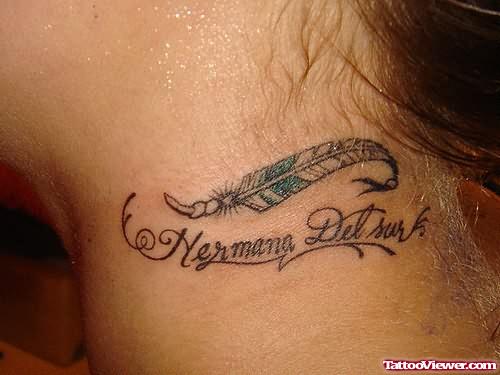 Feather Lettering Tattoo On Neck