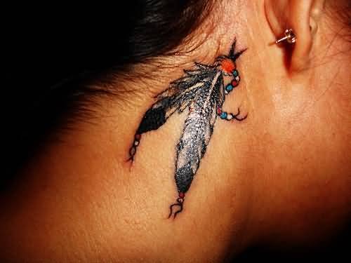 Feather Pair Tattoo On Back Ear