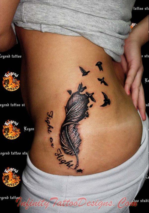 Black Feather And Birds Rib Side Tattoo