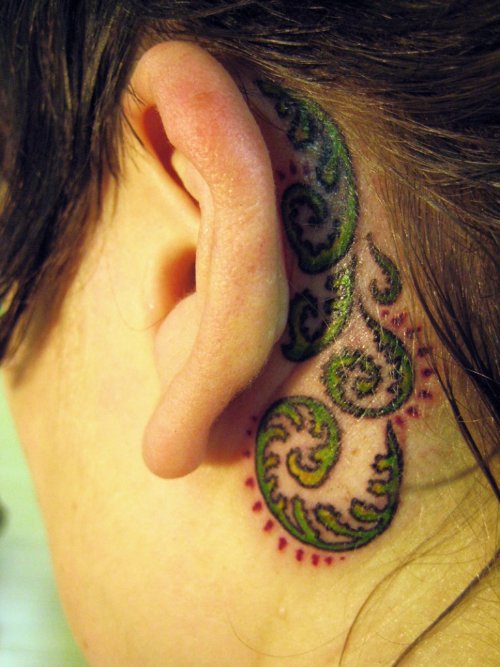 Green Feather Tattoo Behind Ear