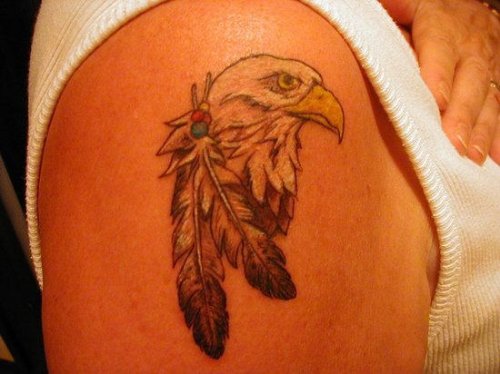 Eagle Head And Feathers Tattoo On Shoulder