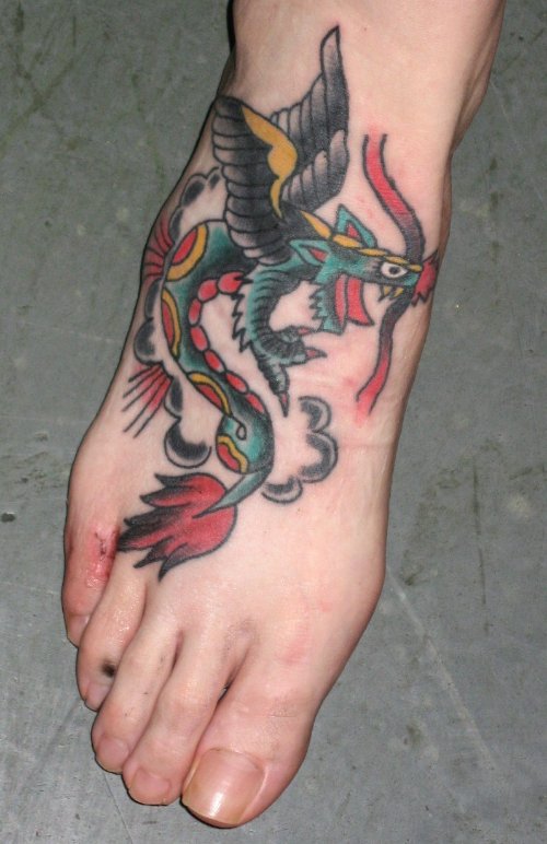 Colored Dragon Fish Feet Tattoo