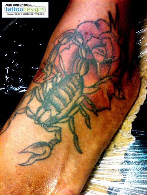 Color Ink Flower And Scorpio Feet Tattoo