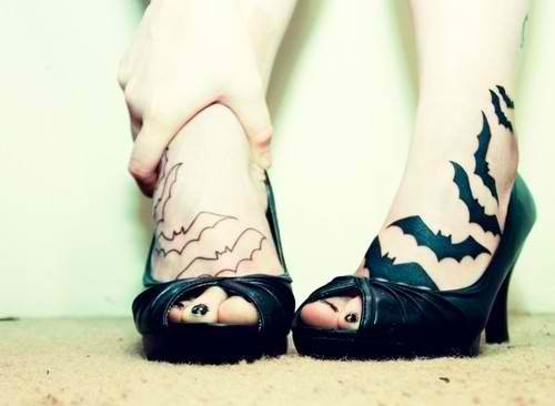 Outline Bats and Black Flying Bats Feet Tattoo