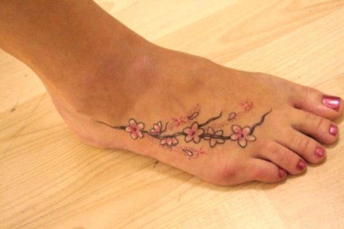 Unique Cherry Blossom Flowers Feet Tattoo