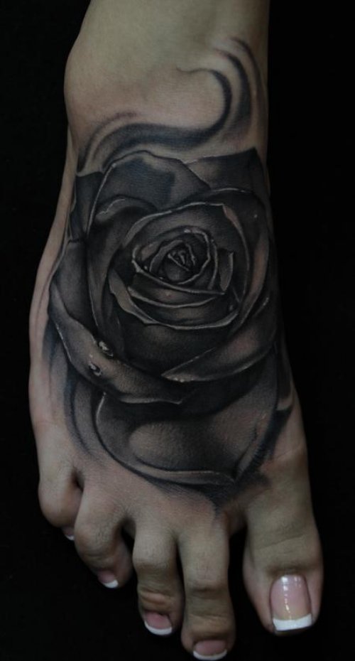 Grey Rose Feet Tattoo For Girls