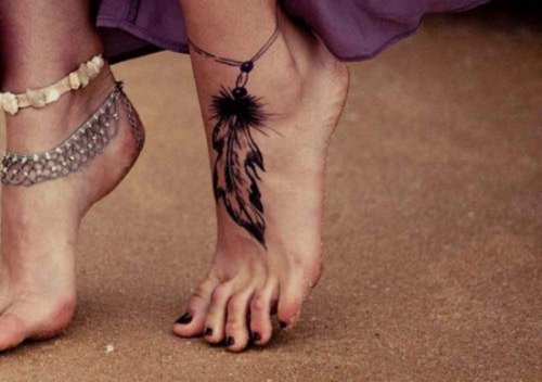 Attractive Black Ink Feather Feet Tattoo