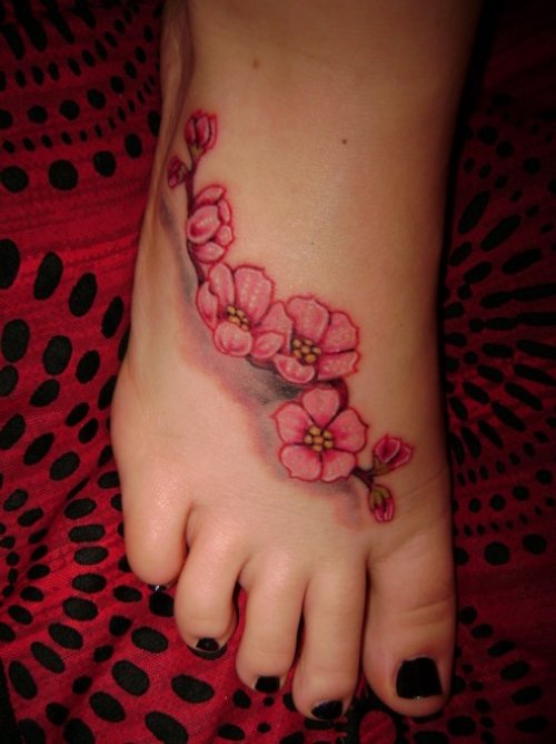 Pink Rose flowers Feet Tattoos