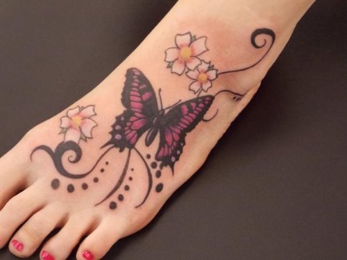 White Flowers And Butterfly Feet Tattoo