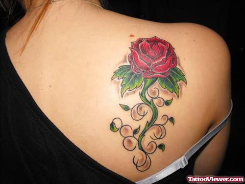 Red Rose Tattoo On Back Shoulder