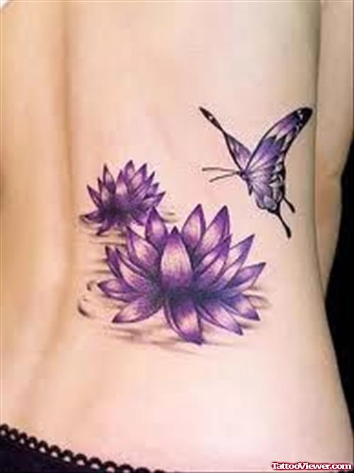 Purple Flower And Butterfly Feminine Tattoo On Side Rib