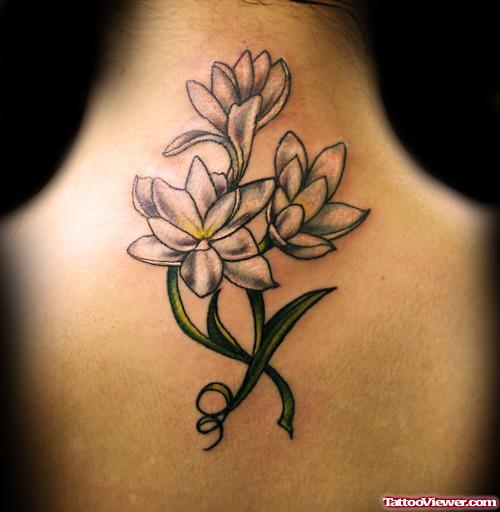 Grey Ink Flowers Feminine Tattoo On Upperback