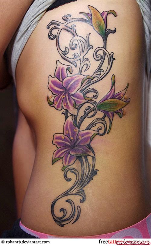 Girl Rib Side Hibiscus Flowers Feminine Tattoo