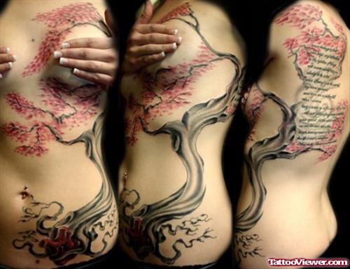 Feminine Tree And Script Tattoo On Side