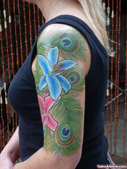 Peacock Feather And Flowers Feminine Tattoo On Half Sleeve