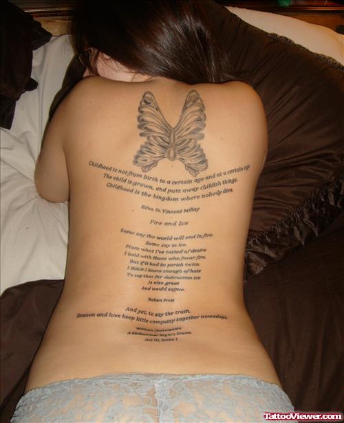 Grey Ink Butterfly Feminine Tattoo On Back