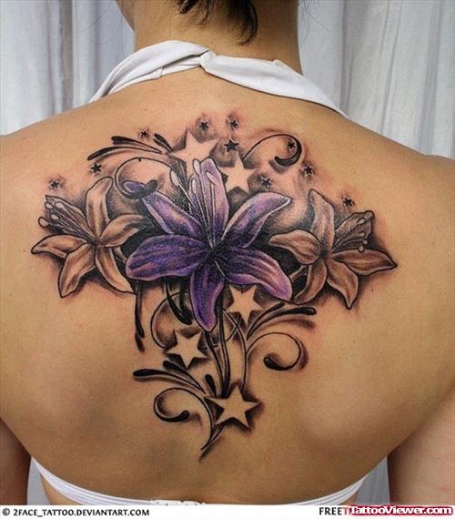 Stars And Purple Flowers Feminine Tattoo On Back